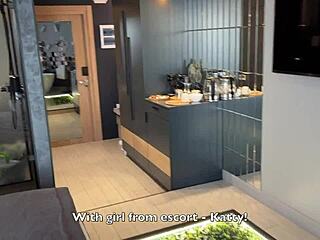 cheating on wife with skinny escort katty in stockings and heels, teasing blowjob, rough cowgirl, cum inside without condom