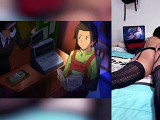 Exotic ebony teen reacts to hentai blowjobs with cum in throat and big tits, loving her big ass shown by boyfriend in homemade pov.