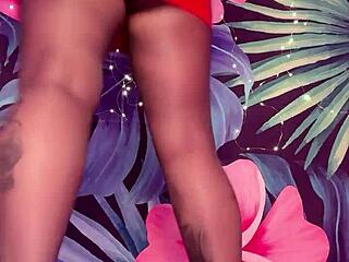 She teases in pantyhose and latex dress.