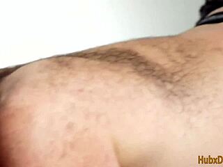 Bear gay masturbation with a leather strap