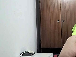 Old fat woman undresses in office