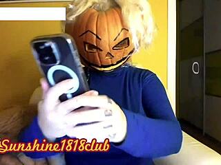 Big tits in pumpkin costume on halloween cam