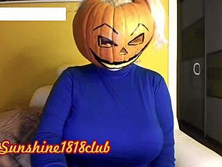 Big tits in pumpkin costume on halloween cam
