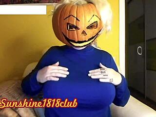Big tits in pumpkin costume on halloween cam