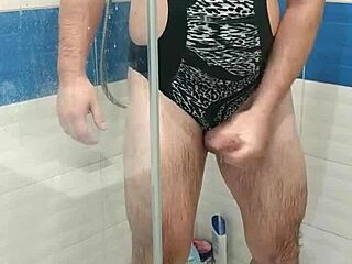 Sexy tranny jerks in one-piece swimsuit!