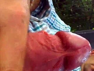 mature male masturbates outdoors, spraying his load