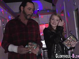 Petite blonde teen 18+ eagerly sucks at gloryhole for jizz