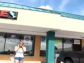 The HARDCORE blonde WIFE performs BLOWJOB in the VAN with her BIG TITS