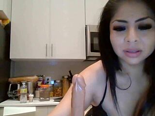 Latina babe uses dildo and spit to pleasure herself