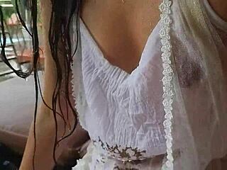 wet dress flashing at hotel yard, so hot! 🔥