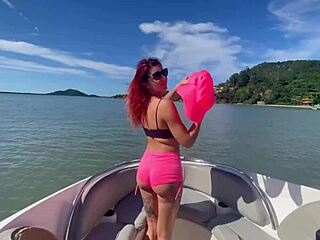 New couple enjoys boat trip on the lake and gets hot.
