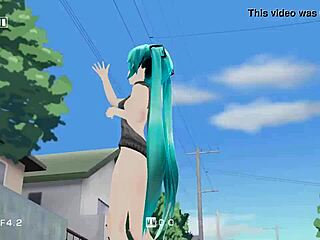 Miku stuns in a sexy dress while dancing in 3D comic style