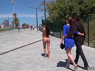 Petite Spanish Slave Bound and Flashed in Public Exhibitionist Scene with Hardcore BDSM Elements