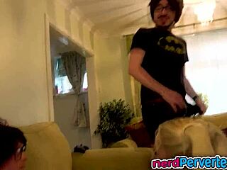 blonde stunner casually giving blowjobs to two nerds in an interview