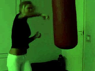 sexy blonde gf performs blowjob during gym sports session.