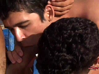 Four gay friends have rough anal sex on the beach