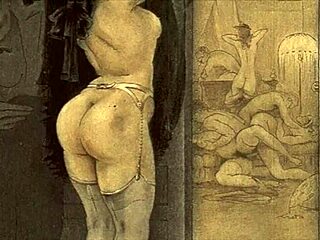 Vintage erotic drawings unfold a sensual tale of retro interracial anime charm.