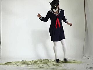 Asian woman in stockings with food fetish.