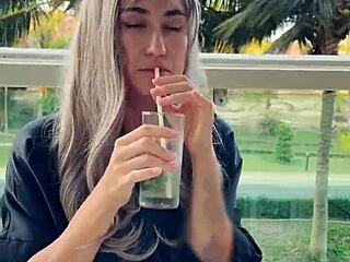 Beautiful model eats exotic fruits and looks as beautiful as she is