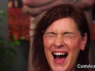 hey, unusual centerfold takes cumshot on face and eats it all