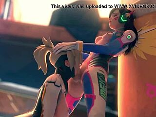 Horny mercy gives deep throat blowjob to dva in hentai game scene
