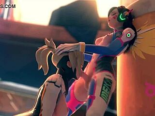 Horny mercy gives deep throat blowjob to dva in hentai game scene