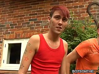 Muscle Dan Jenkins has a rough anal scene with a group of twinks outdoors