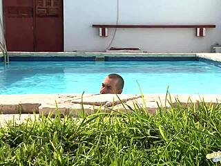 Hot milf gets a rough anal fuck by the pool