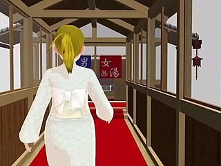 Anime woman enjoys a relaxing bath in a Japanese public bathhouse