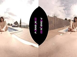 Young Latina nympho neighbor rides outdoors in VR pool POV