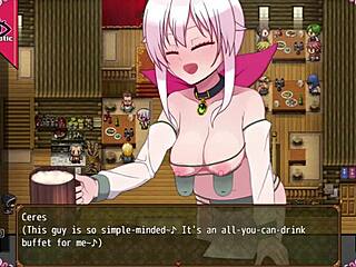 Confused witch feels aroused as she strips her big tits in the men's bathroom during the hentai game.