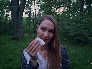 Asian nympho gets covered in cum in nature
