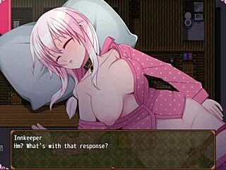 Confused witch feels aroused as she strips her big tits in the men's bathroom during the hentai game.