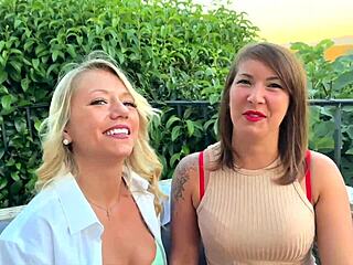 Brunette and blonde amateur girls Ashley and Lexi having hot lesbian sex with a French guy