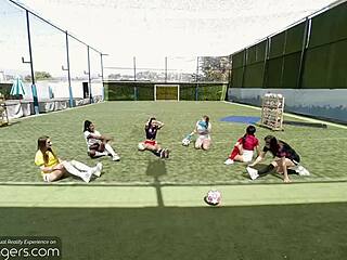 group of horny babes in vr seducing soccer coach with seduction and banging