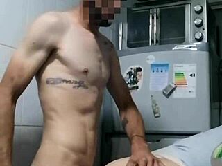 Young skinny girl squirts from cock in kitchen.