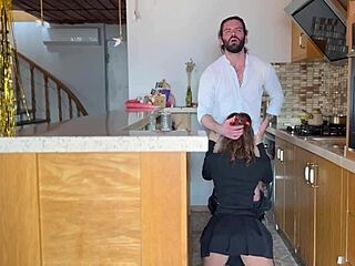 Wife cheats with husband's friend during VR helmet test. Shocking kitchen affair!