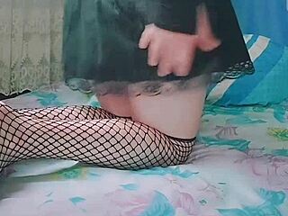 Hot shemale in pink shirt rides big cock in homemade video