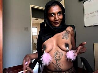 Beautiful Indian woman in hijab, solo play with nipple clamps