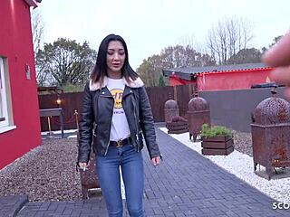 Skinny Thai teen gets poked by German scout outdoors