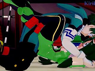 tsuyu asui, mt lady, and izuku midoriya in wild hentai sex scene