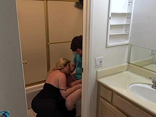 Stepson caught pleasuring himself in the bathroom has sex with stepmother