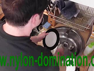 Nylon-clad domina trains her housewife in BDSM duties