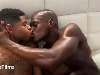 Three black men having raw and intense interracial sex