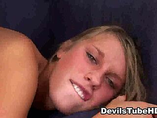 Two blonde amateurs share a guy's cock in this hot scene.