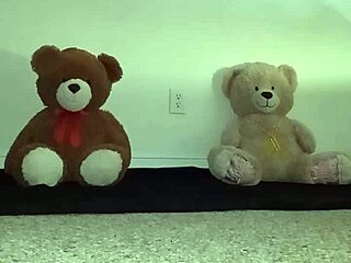 Brown And Caucasian Furry Toy Bears In Bisexual Threesome With Kissing And Massage.