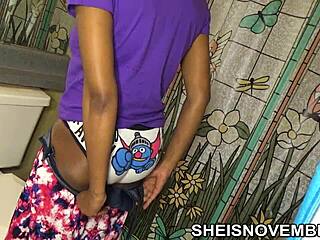 Beautiful African American girl in bathroom in cheekies