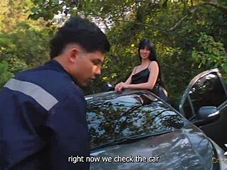 nymphomaniac fucks her lover and the mechanic on a public outdoor spot with danner mendez and yenifer chacon