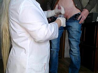 kneeling milf nurse in gloves handles cumshot analysis with assfucking and bbw fetish