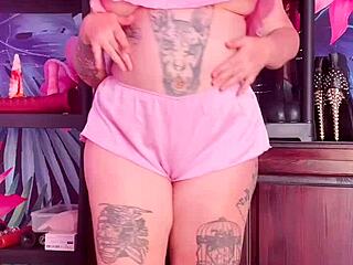 curvy fat babe with big ass and natural tits teases in silk pajamas